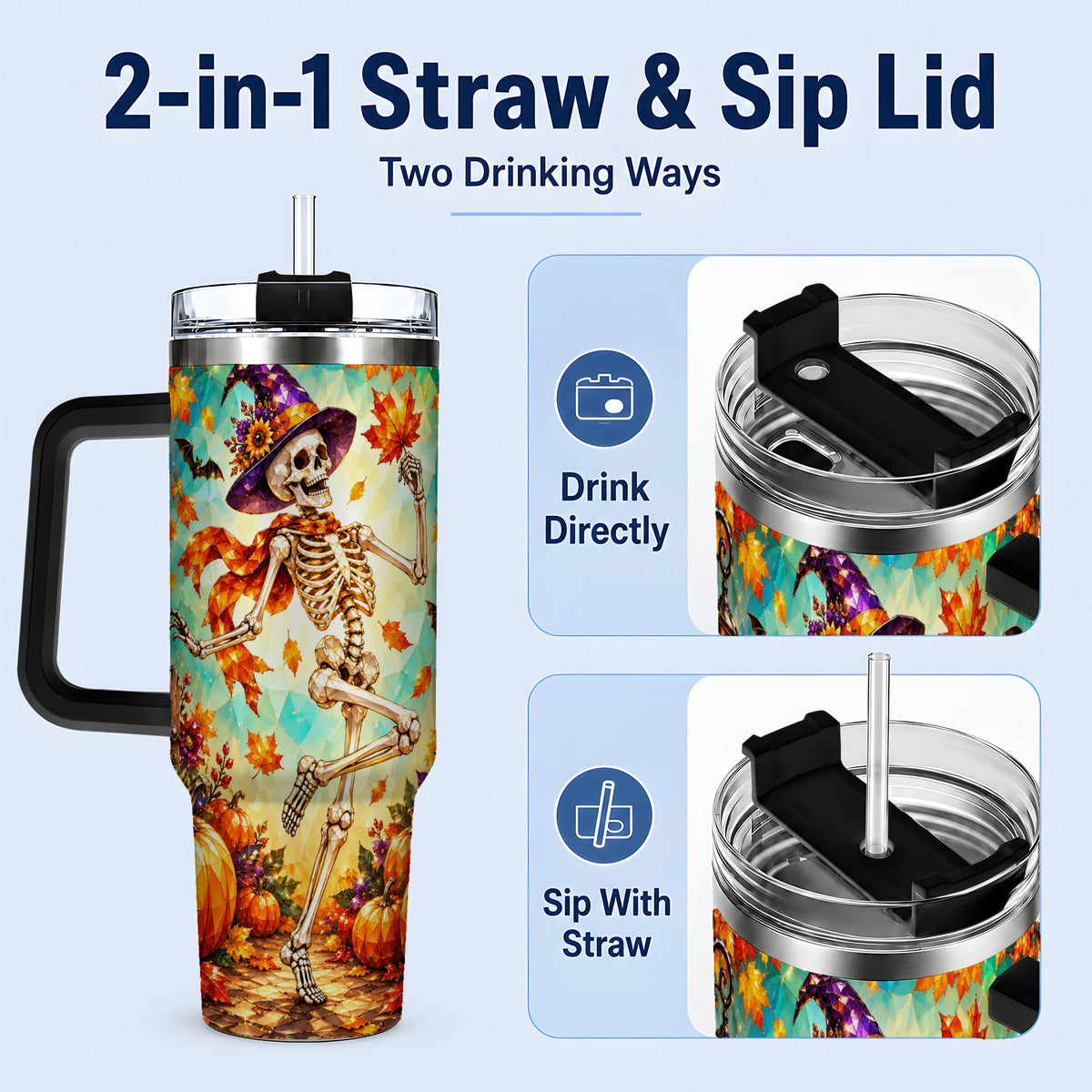 #pl[40oz|Black] Halloween Skeleton 40oz Tumbler, Autumn Pumpkin Drinkware