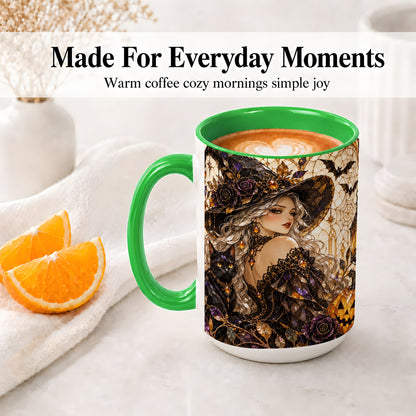 #pl[15oz|Green] Halloween Witch Cat Accent Mug, Mug with Pumpkin Artwork