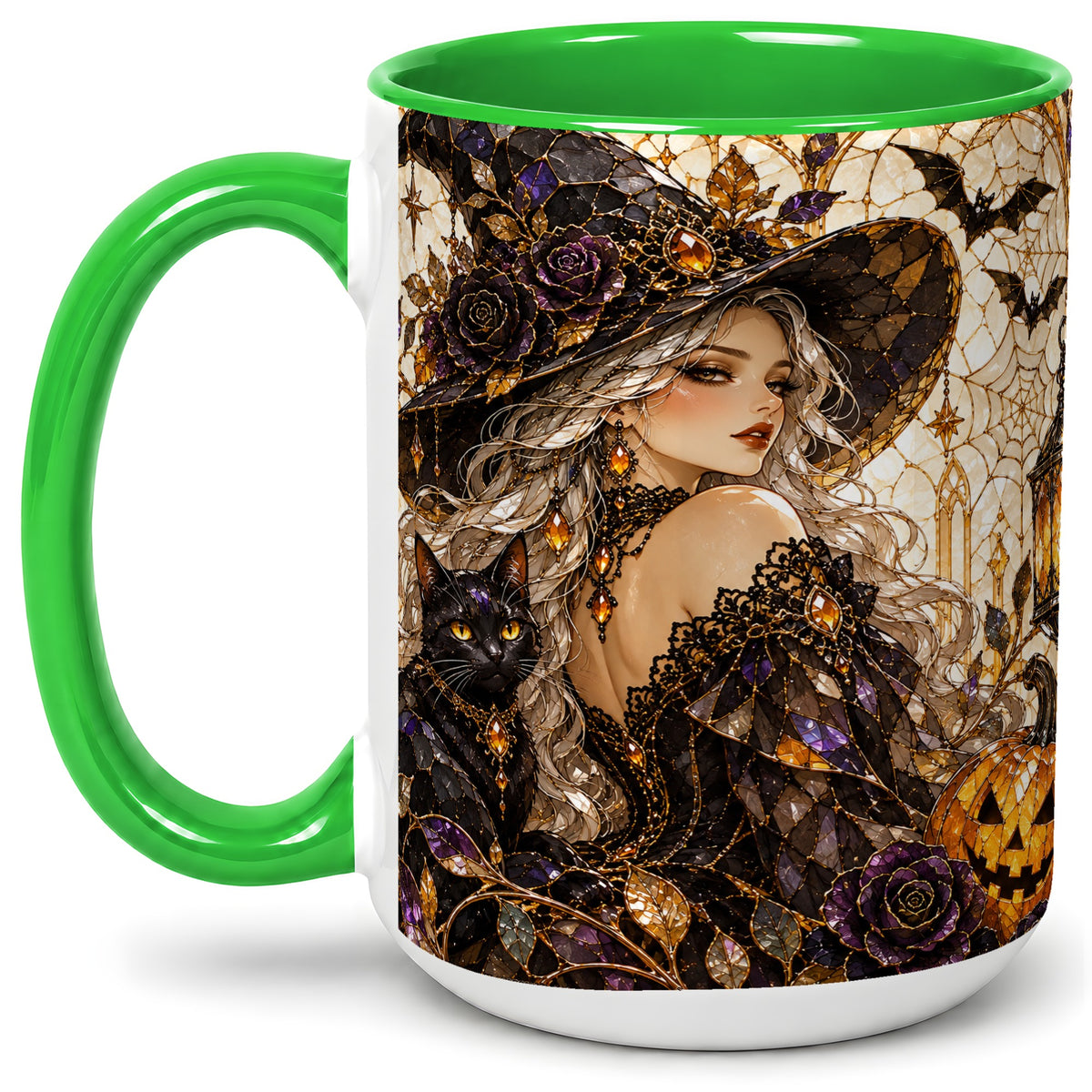 #pl[15oz|Green] Halloween Witch Cat Accent Mug, Mug with Pumpkin Artwork