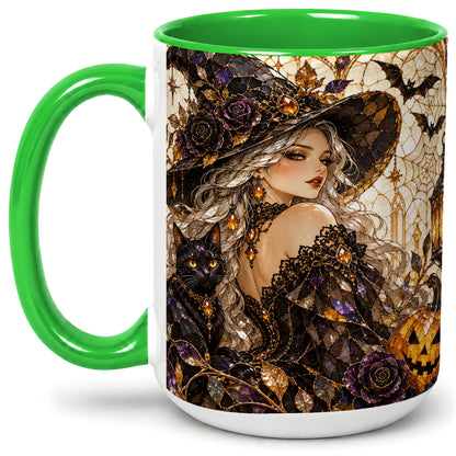 #pl[15oz|Green] Halloween Witch Cat Accent Mug, Mug with Pumpkin Artwork