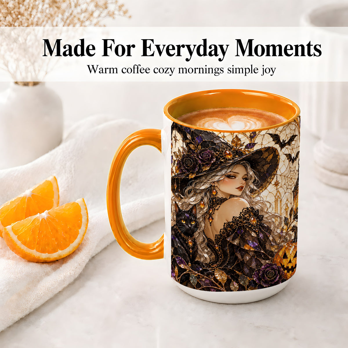 #pl[15oz|Orange] Halloween Witch Cat Accent Mug, Mug with Pumpkin Artwork