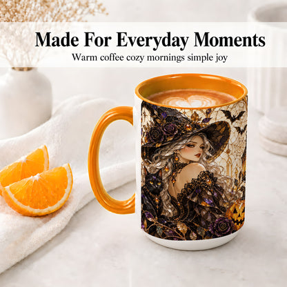 #pl[15oz|Orange] Halloween Witch Cat Accent Mug, Mug with Pumpkin Artwork