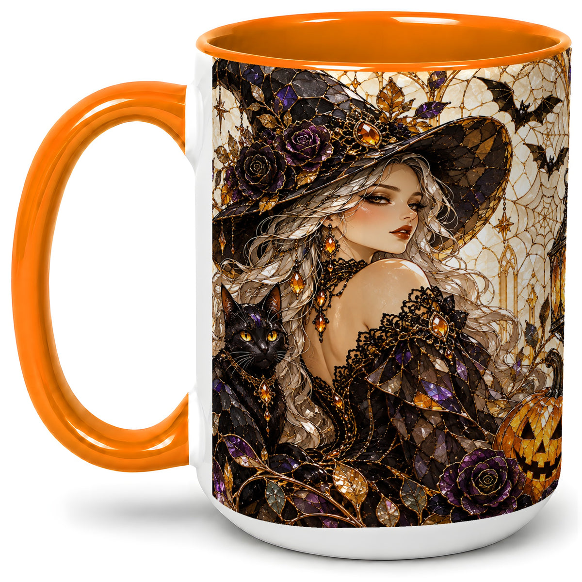 #pl[15oz|Orange] Halloween Witch Cat Accent Mug, Mug with Pumpkin Artwork