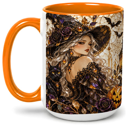 #pl[15oz|Orange] Halloween Witch Cat Accent Mug, Mug with Pumpkin Artwork