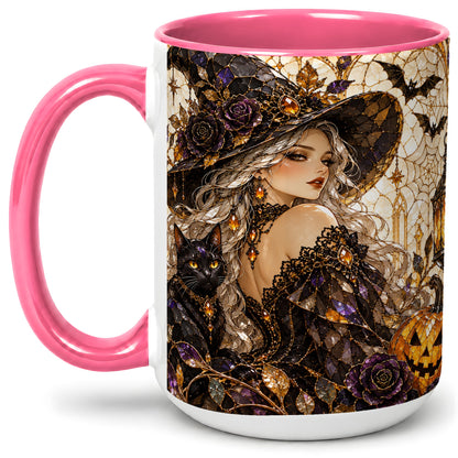 #pl[15oz|Pink] Halloween Witch Cat Accent Mug, Mug with Pumpkin Artwork