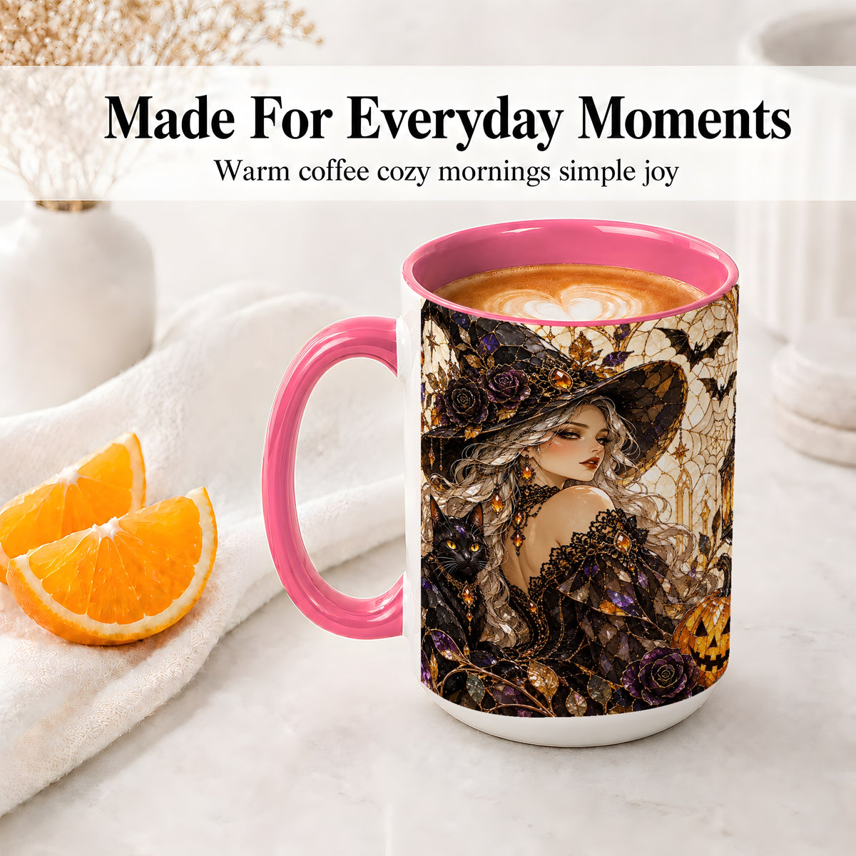 #pl[15oz|Pink] Halloween Witch Cat Accent Mug, Mug with Pumpkin Artwork