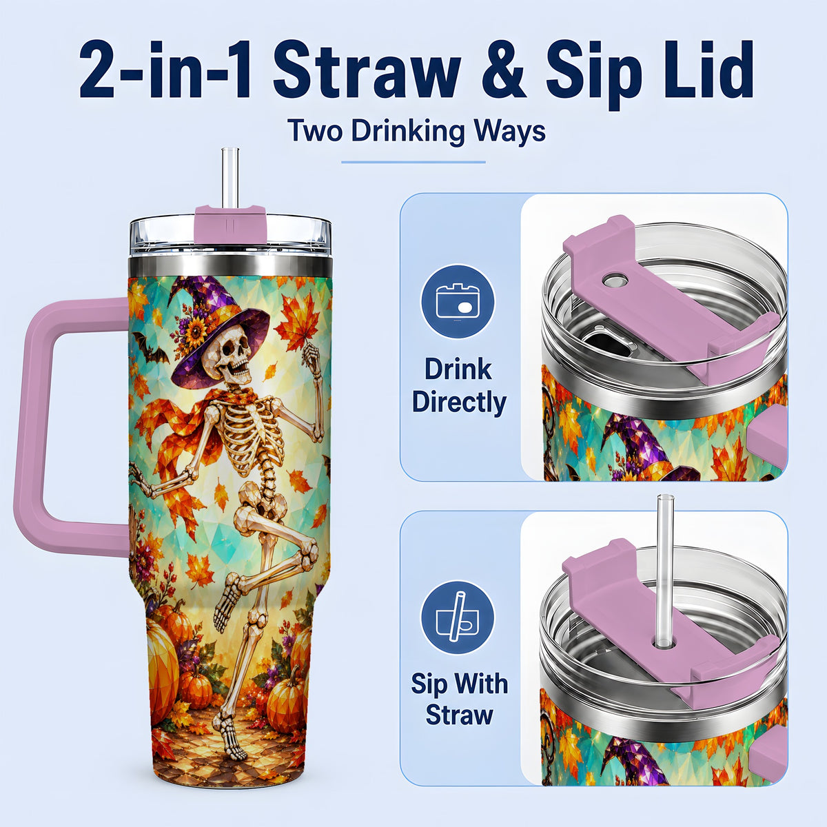 #pl[40oz|Pink] Halloween Skeleton 40oz Tumbler, Autumn Pumpkin Drinkware