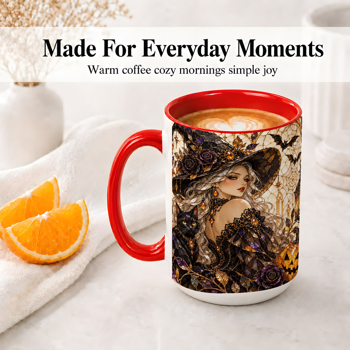 #pl[15oz|Red] Halloween Witch Cat Accent Mug, Mug with Pumpkin Artwork