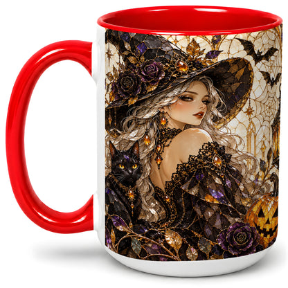 #pl[15oz|Red] Halloween Witch Cat Accent Mug, Mug with Pumpkin Artwork
