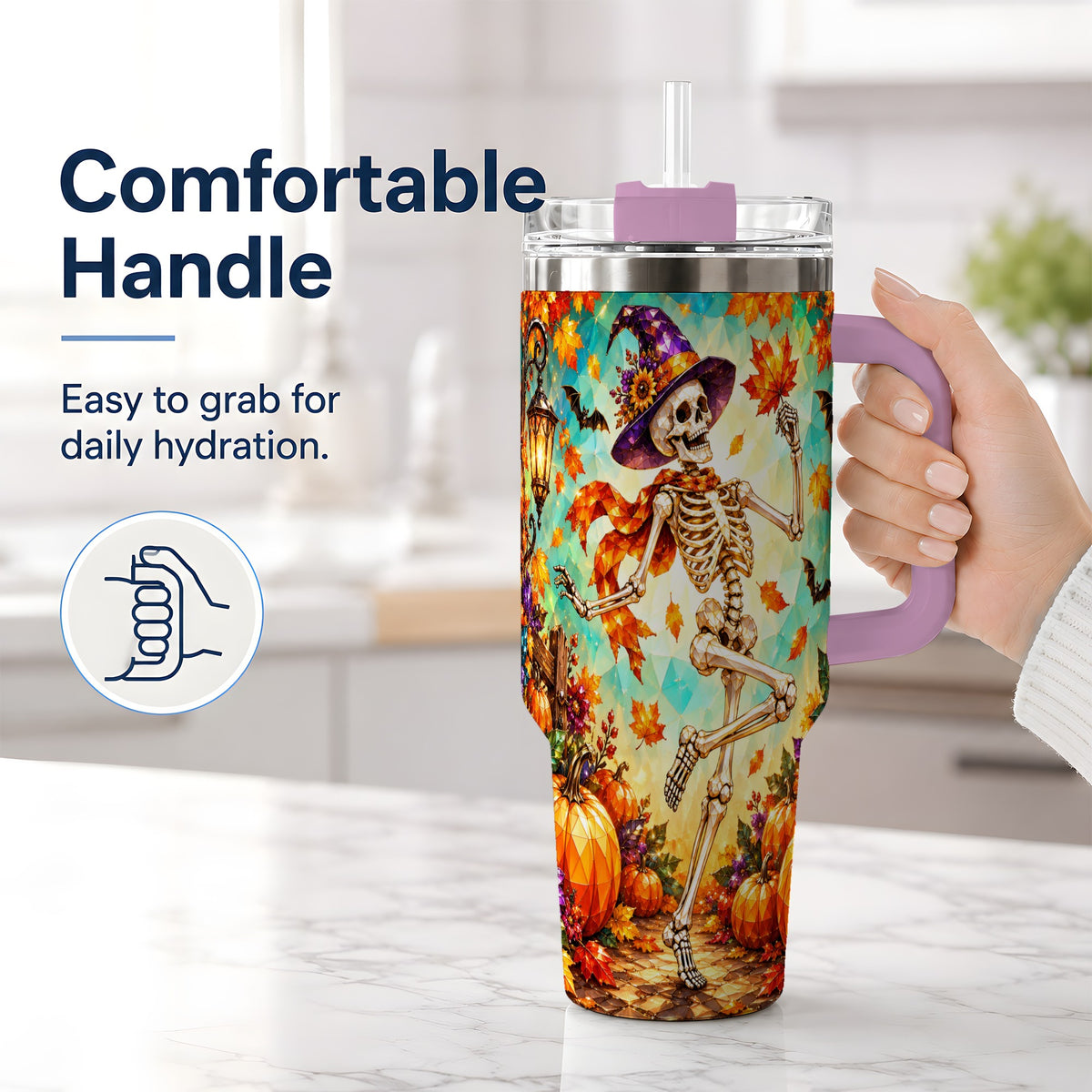 #pl[40oz|Pink] Halloween Skeleton 40oz Tumbler, Autumn Pumpkin Drinkware