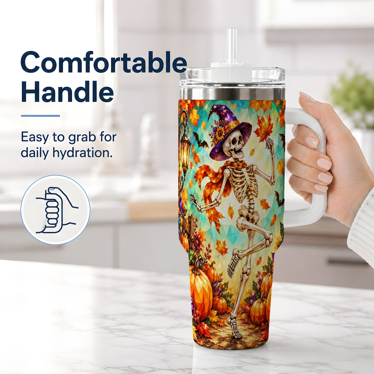 #pl[40oz|White] Halloween Skeleton 40oz Tumbler, Autumn Pumpkin Drinkware