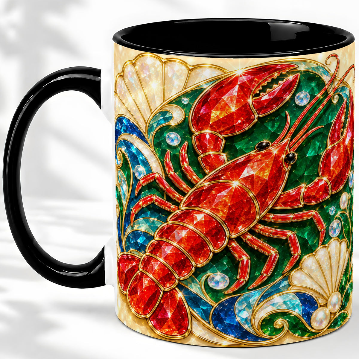 #pl[11oz|Black] Gemstone Lobster Accent Mug, Ceramic Drinkware for Seafood Fans