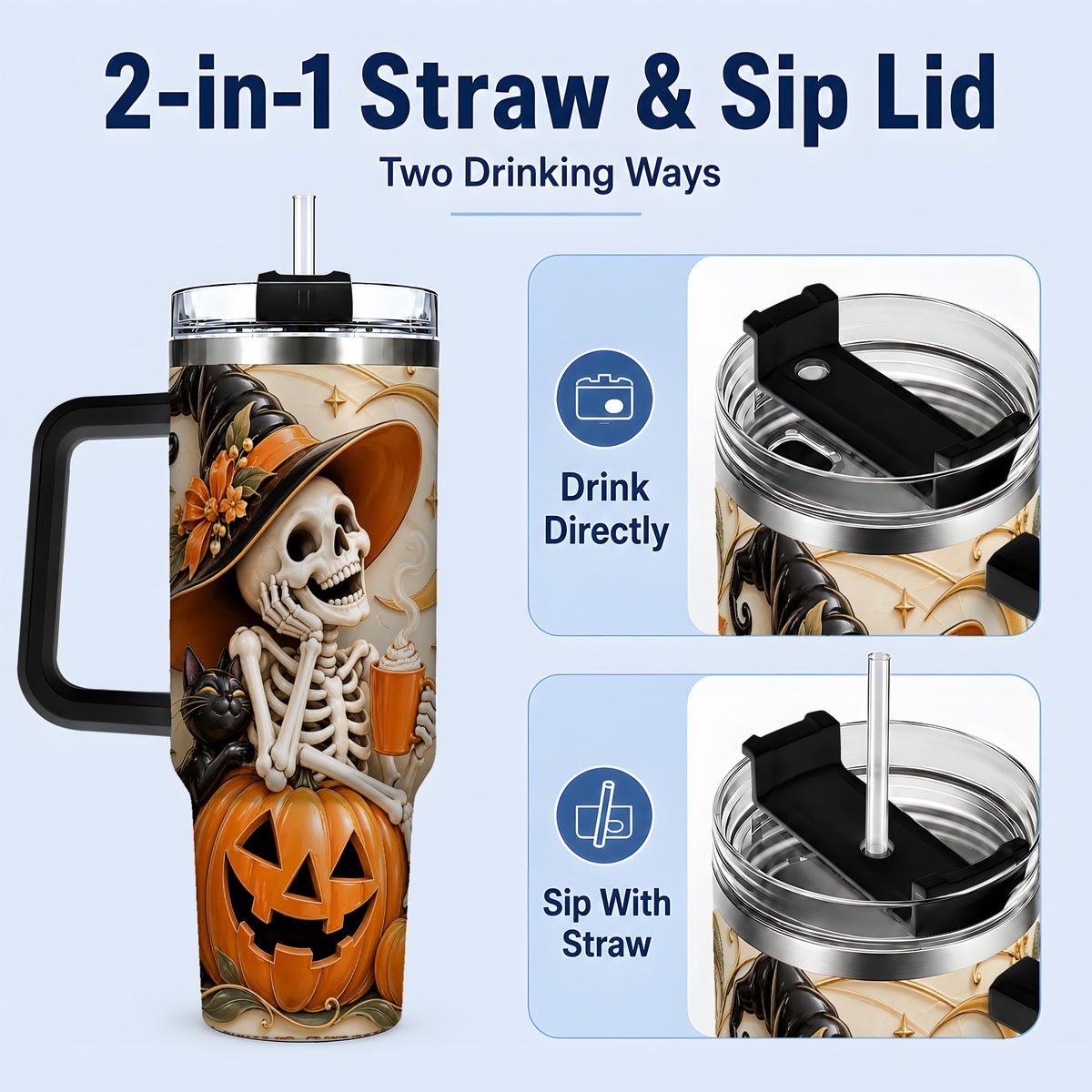 #pl[40oz|Black] Halloween Witch Skeleton 40oz Tumbler, Black Cat Pumpkin Art