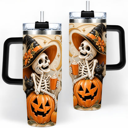 #pl[40oz|Black] Halloween Witch Skeleton 40oz Tumbler, Black Cat Pumpkin Art