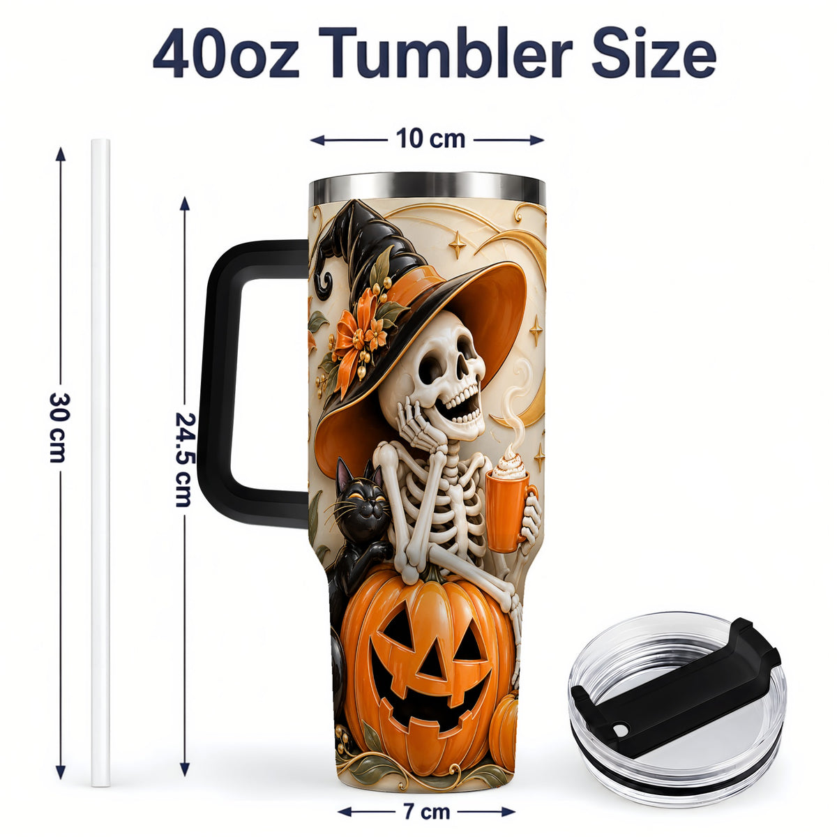 #pl[40oz|Black] Halloween Witch Skeleton 40oz Tumbler, Black Cat Pumpkin Art