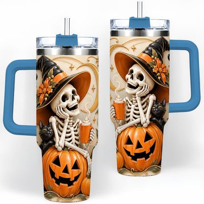 #pl[40oz|Blue] Halloween Witch Skeleton 40oz Tumbler, Black Cat Pumpkin Art