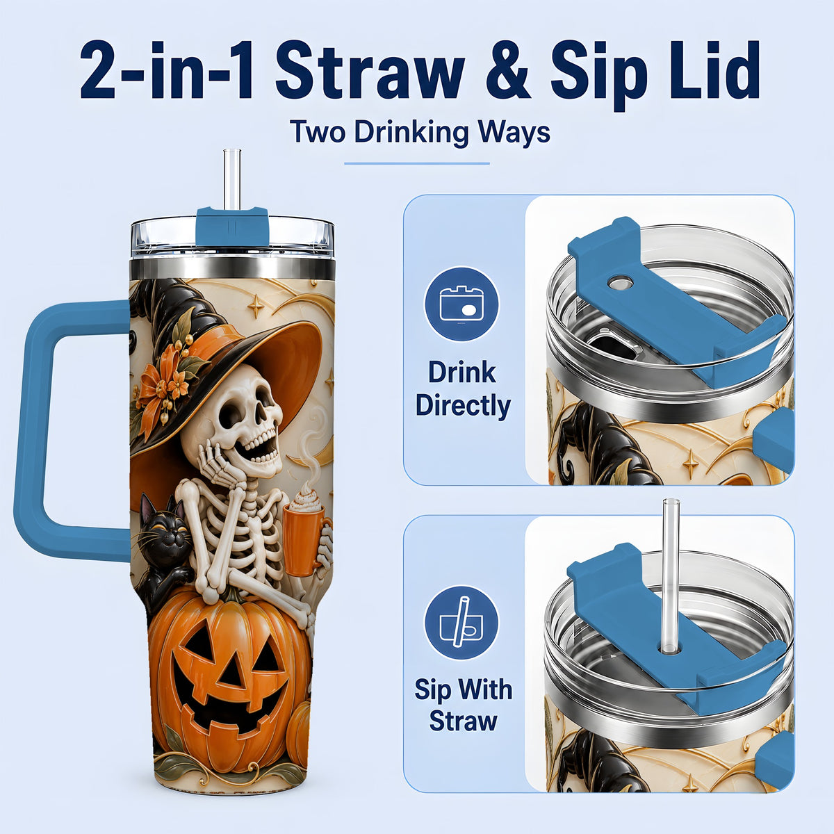 #pl[40oz|Blue] Halloween Witch Skeleton 40oz Tumbler, Black Cat Pumpkin Art