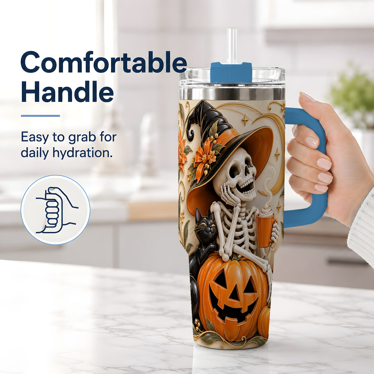 #pl[40oz|Blue] Halloween Witch Skeleton 40oz Tumbler, Black Cat Pumpkin Art