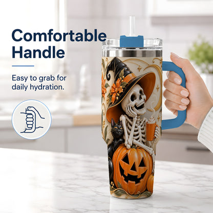 #pl[40oz|Blue] Halloween Witch Skeleton 40oz Tumbler, Black Cat Pumpkin Art