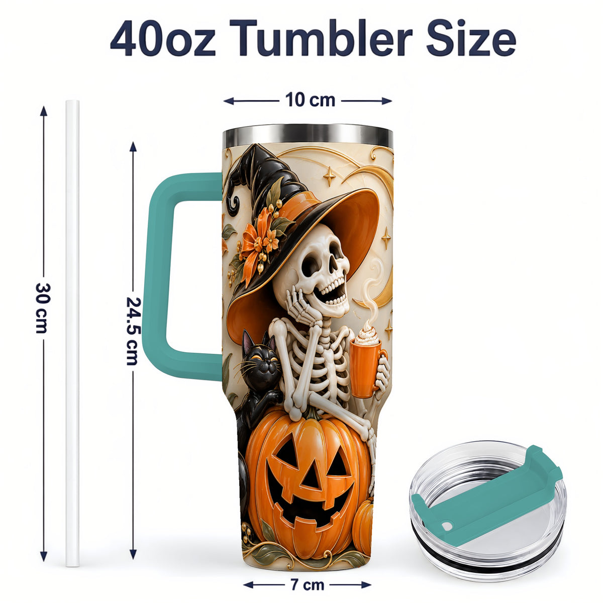 #pl[40oz|Green] Halloween Witch Skeleton 40oz Tumbler, Black Cat Pumpkin Art