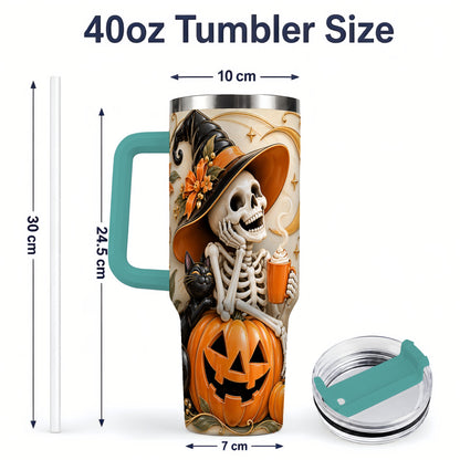 #pl[40oz|Green] Halloween Witch Skeleton 40oz Tumbler, Black Cat Pumpkin Art