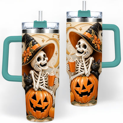 #pl[40oz|Green] Halloween Witch Skeleton 40oz Tumbler, Black Cat Pumpkin Art