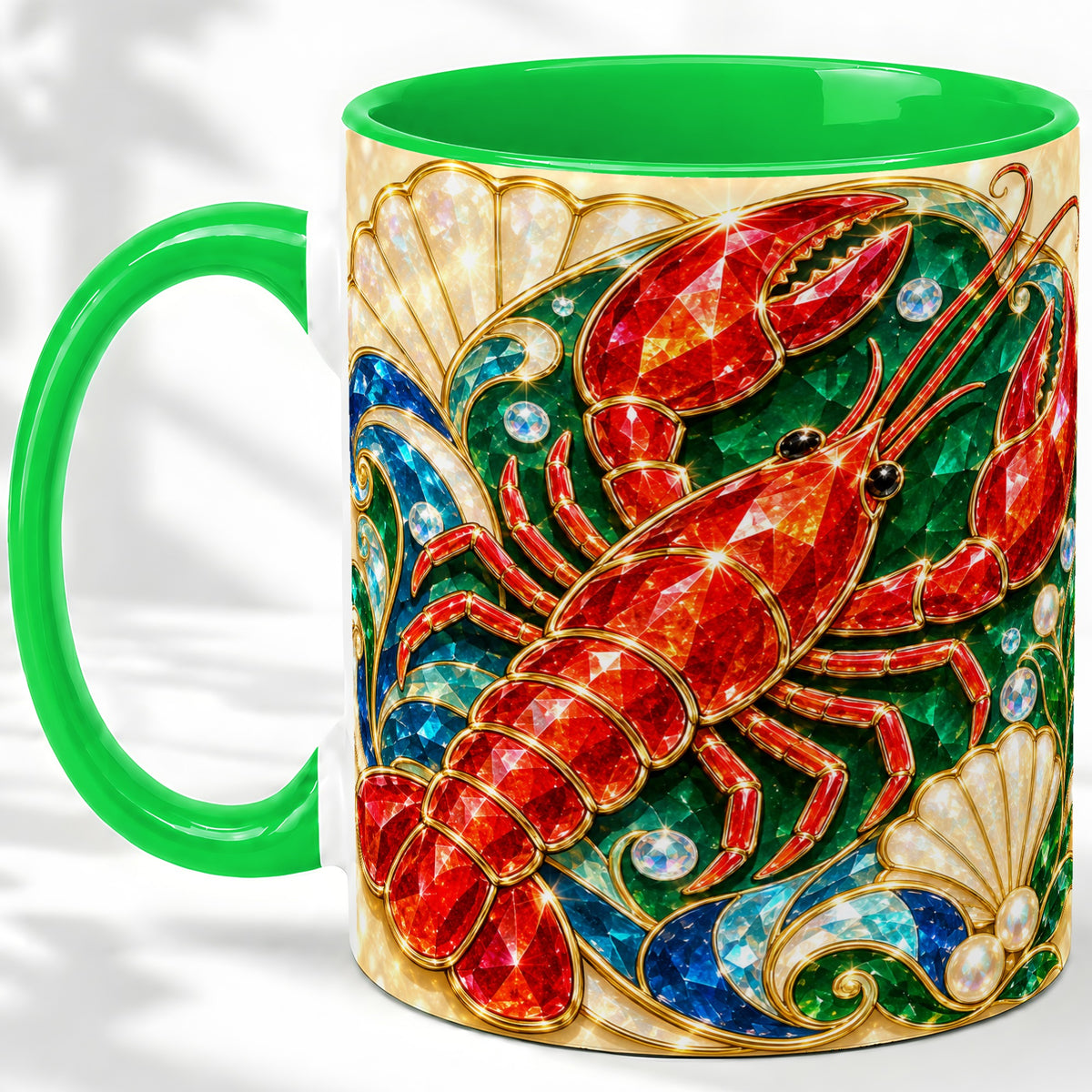 #pl[11oz|Green] Gemstone Lobster Accent Mug, Ceramic Drinkware for Seafood Fans