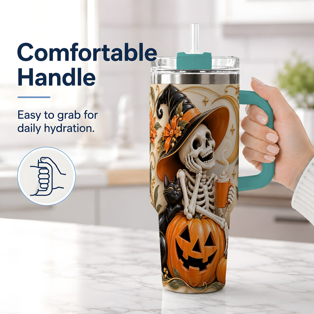 #pl[40oz|Green] Halloween Witch Skeleton 40oz Tumbler, Black Cat Pumpkin Art