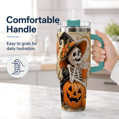 #pl[40oz|Green] Halloween Witch Skeleton 40oz Tumbler, Black Cat Pumpkin Art