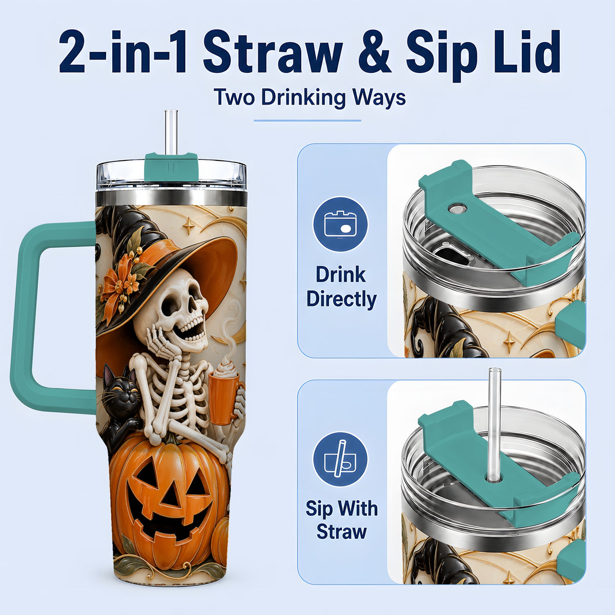 #pl[40oz|Green] Halloween Witch Skeleton 40oz Tumbler, Black Cat Pumpkin Art