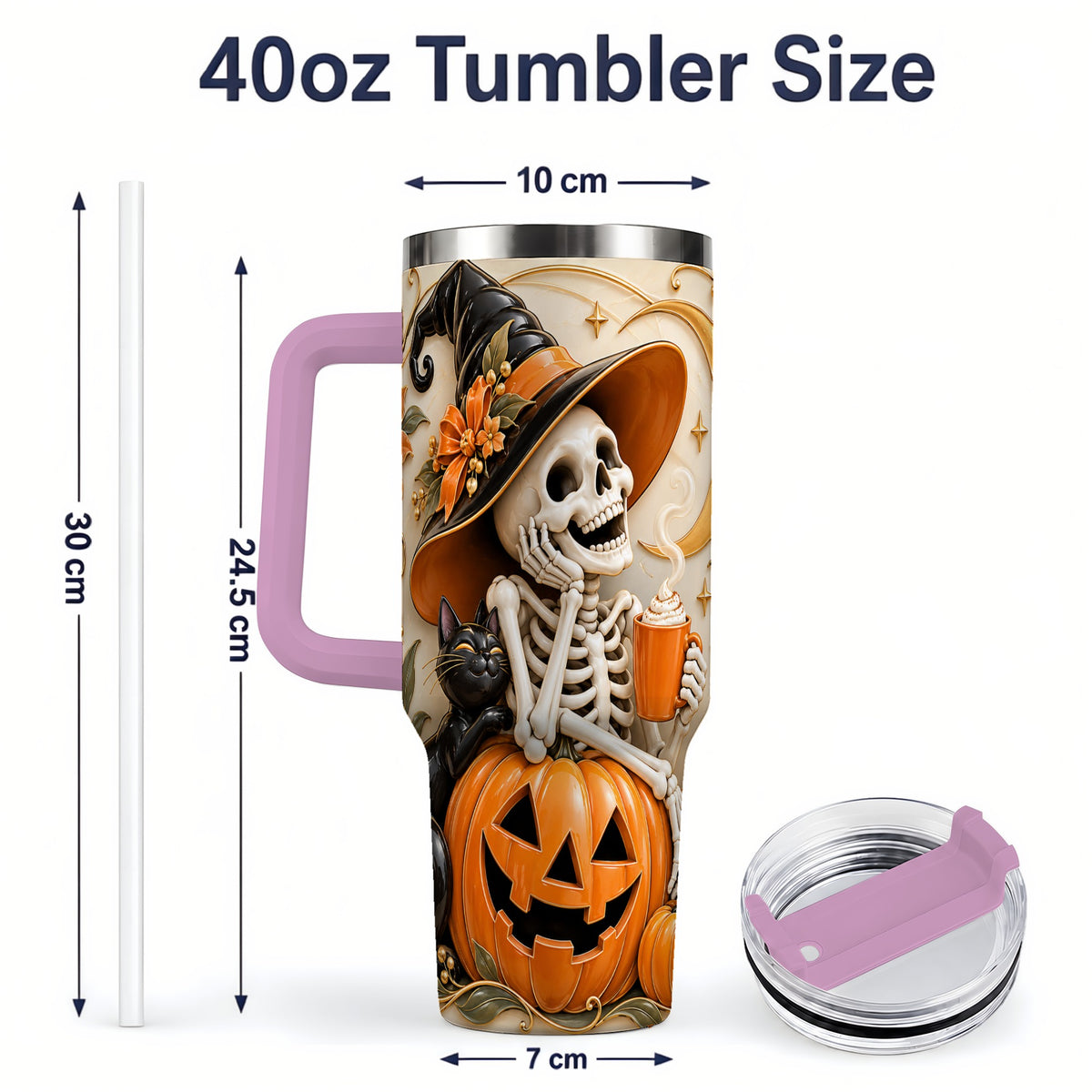 #pl[40oz|Pink] Halloween Witch Skeleton 40oz Tumbler, Black Cat Pumpkin Art