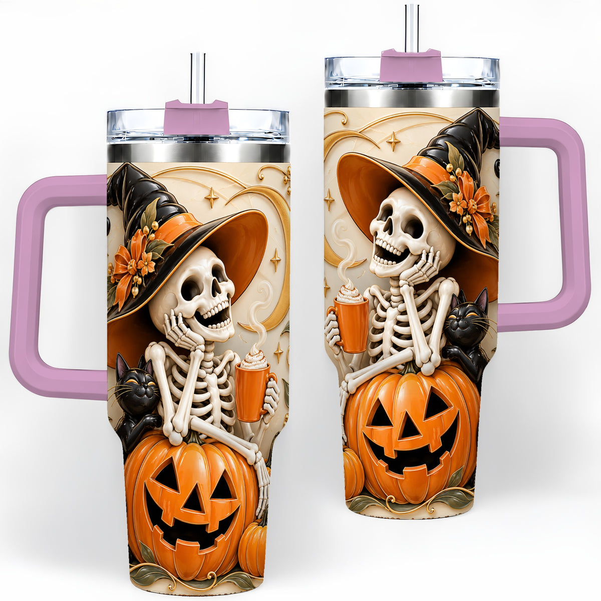 #pl[40oz|Pink] Halloween Witch Skeleton 40oz Tumbler, Black Cat Pumpkin Art
