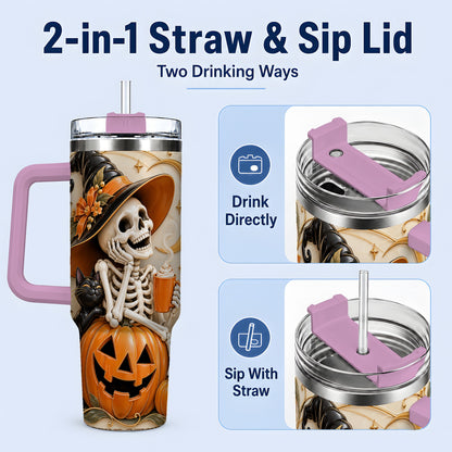 #pl[40oz|Pink] Halloween Witch Skeleton 40oz Tumbler, Black Cat Pumpkin Art