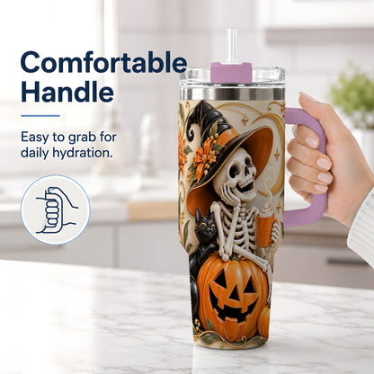 #pl[40oz|Pink] Halloween Witch Skeleton 40oz Tumbler, Black Cat Pumpkin Art