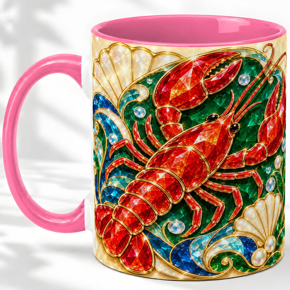 #pl[11oz|Pink] Gemstone Lobster Accent Mug, Ceramic Drinkware for Seafood Fans