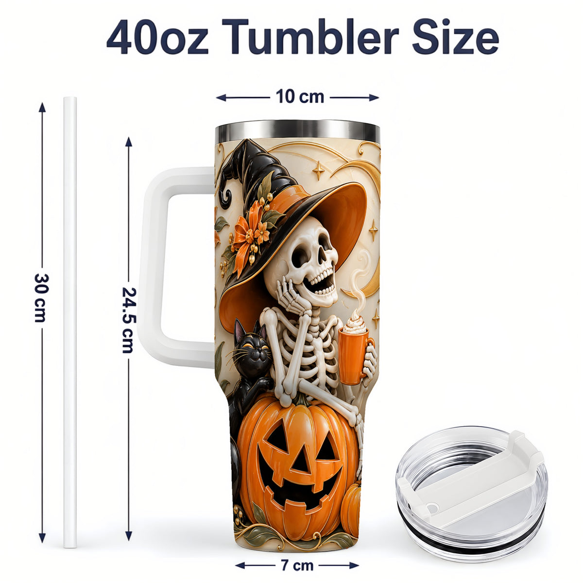 #pl[40oz|White] Halloween Witch Skeleton 40oz Tumbler, Black Cat Pumpkin Art