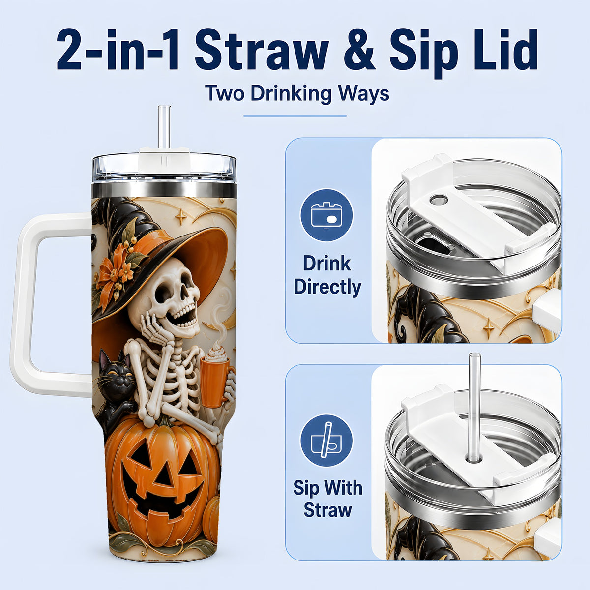 #pl[40oz|White] Halloween Witch Skeleton 40oz Tumbler, Black Cat Pumpkin Art