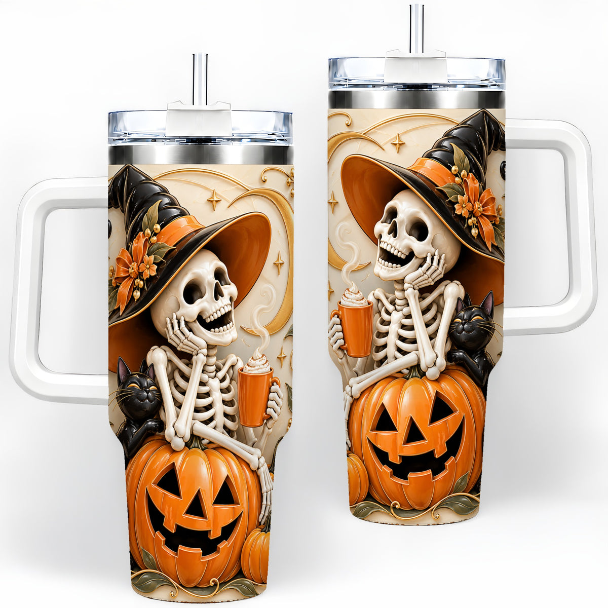 Halloween Witch Skeleton 40oz Tumbler, Black Cat Pumpkin Art
