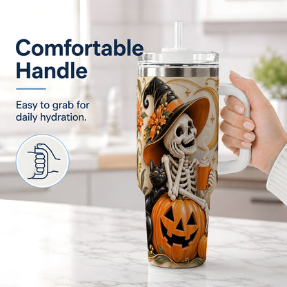 #pl[40oz|White] Halloween Witch Skeleton 40oz Tumbler, Black Cat Pumpkin Art