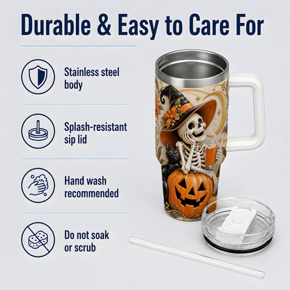 Halloween Witch Skeleton 40oz Tumbler, Black Cat Pumpkin Art