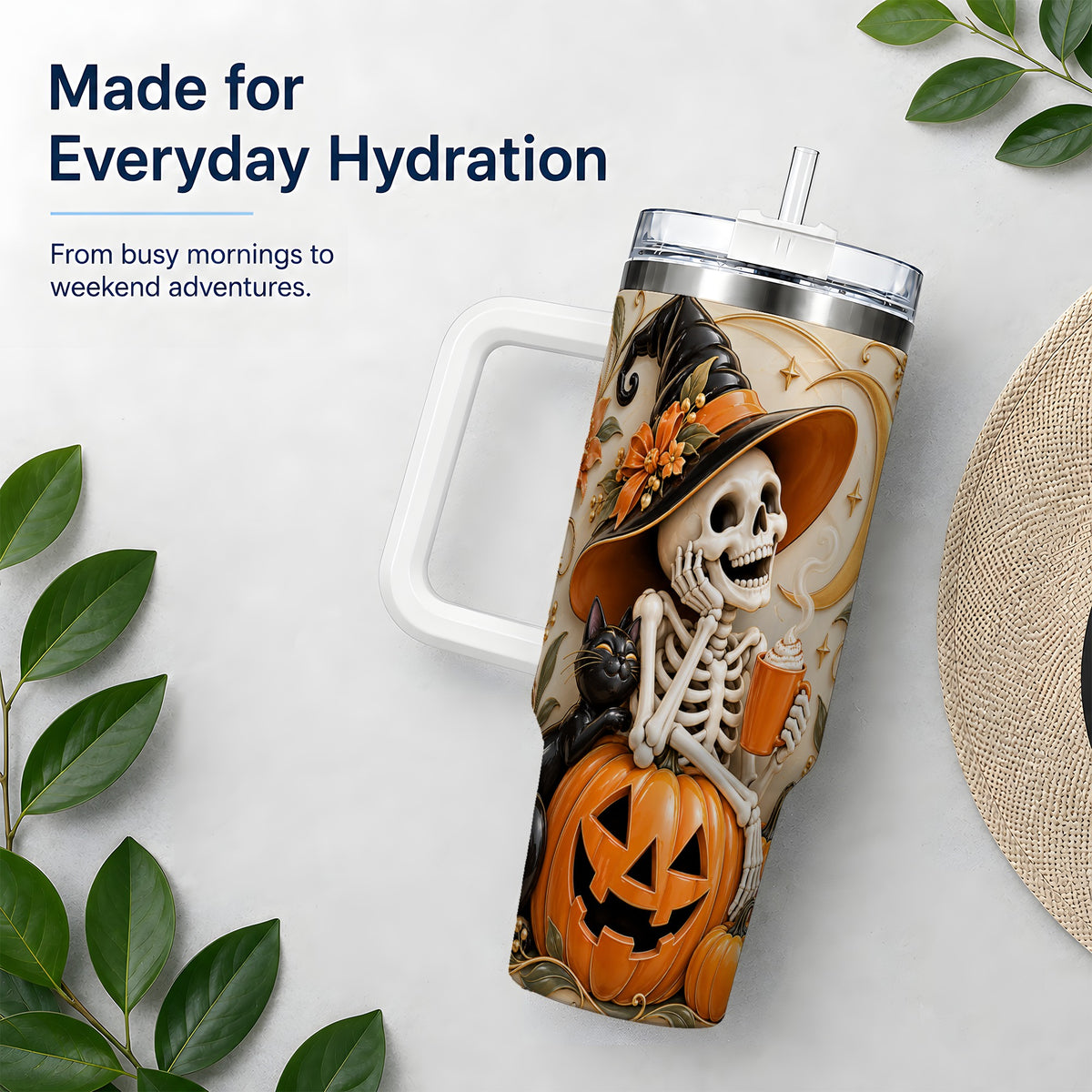 Halloween Witch Skeleton 40oz Tumbler, Black Cat Pumpkin Art