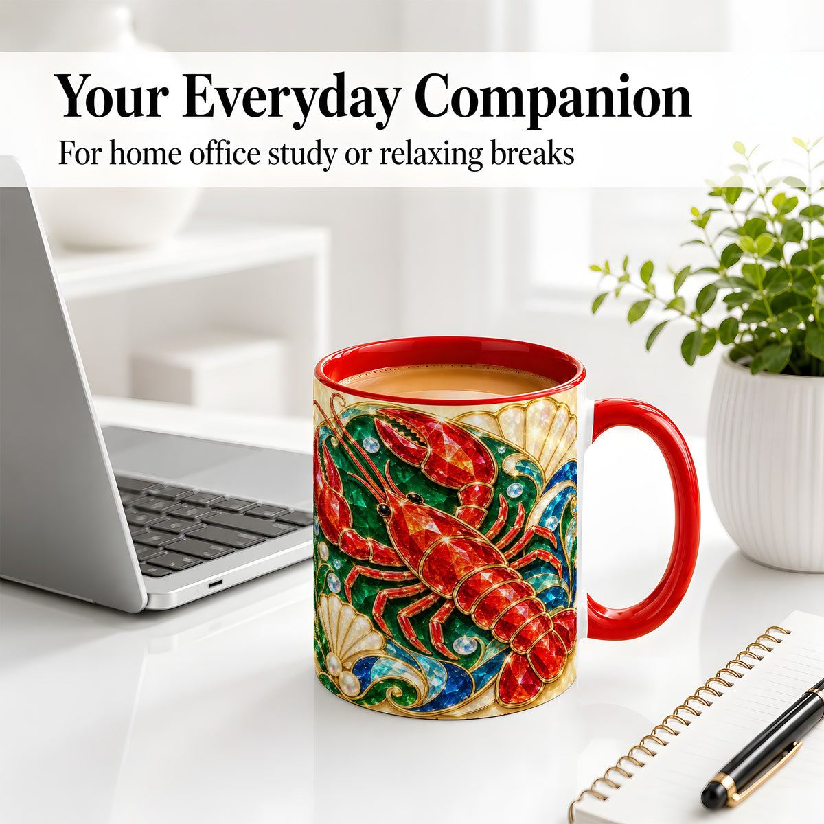 #pl[11oz|Red] Gemstone Lobster Accent Mug, Ceramic Drinkware for Seafood Fans