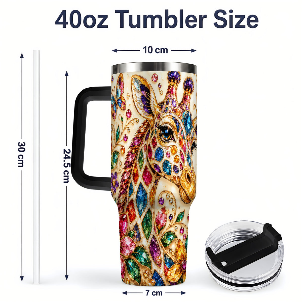 #pl[40oz|Black] Gem Style Giraffe Floral 40oz Tumbler, Colorful Botanical Art