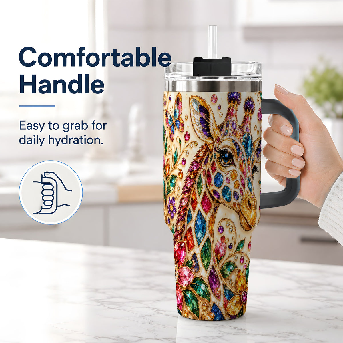 #pl[40oz|Black] Gem Style Giraffe Floral 40oz Tumbler, Colorful Botanical Art