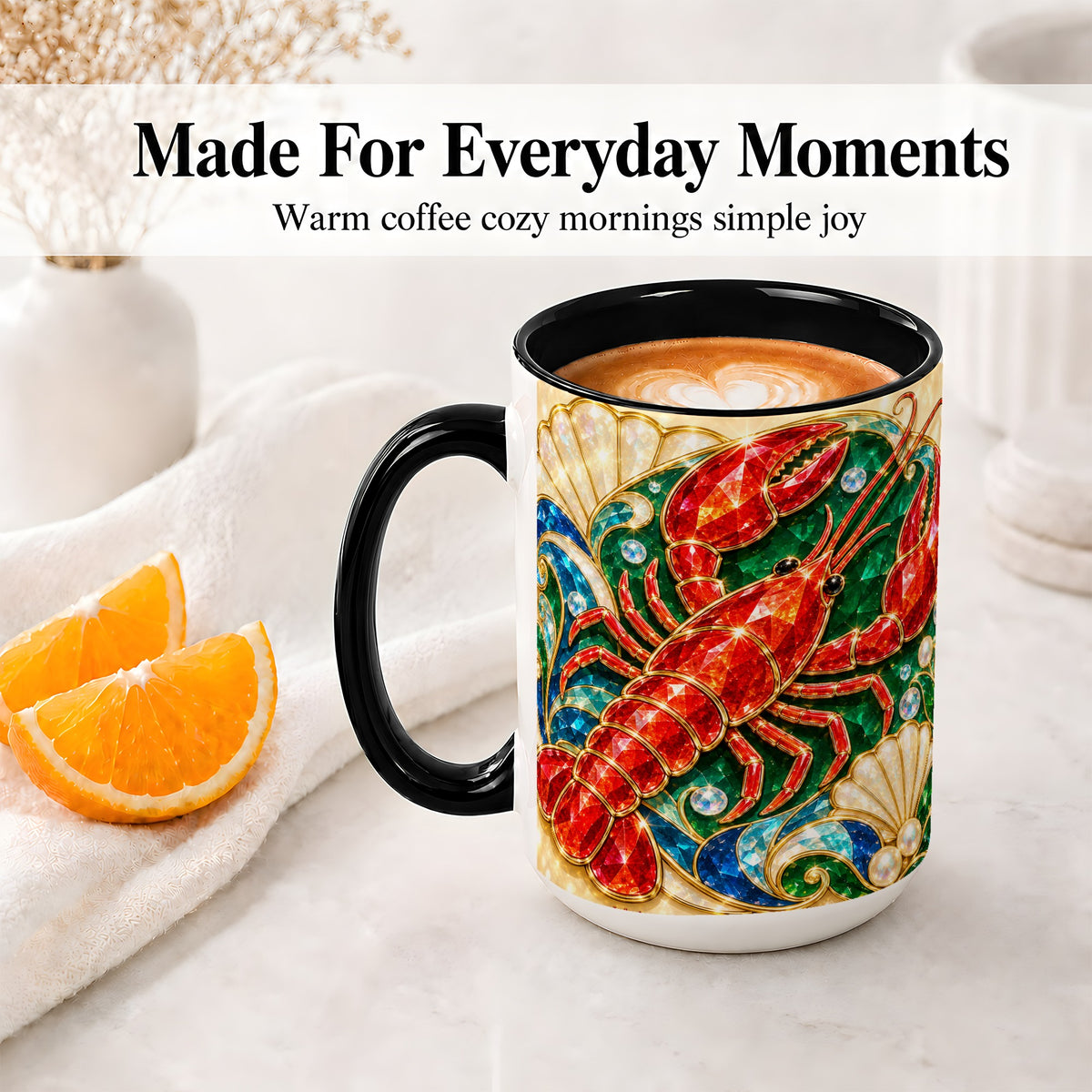 #pl[15oz|Black] Gemstone Lobster Accent Mug, Ceramic Drinkware for Seafood Fans