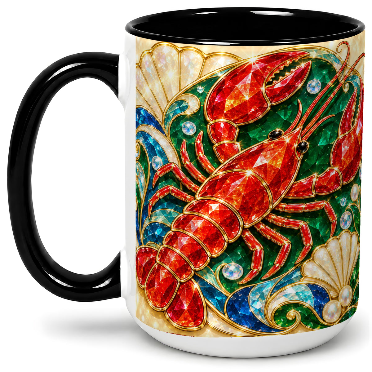 #pl[15oz|Black] Gemstone Lobster Accent Mug, Ceramic Drinkware for Seafood Fans