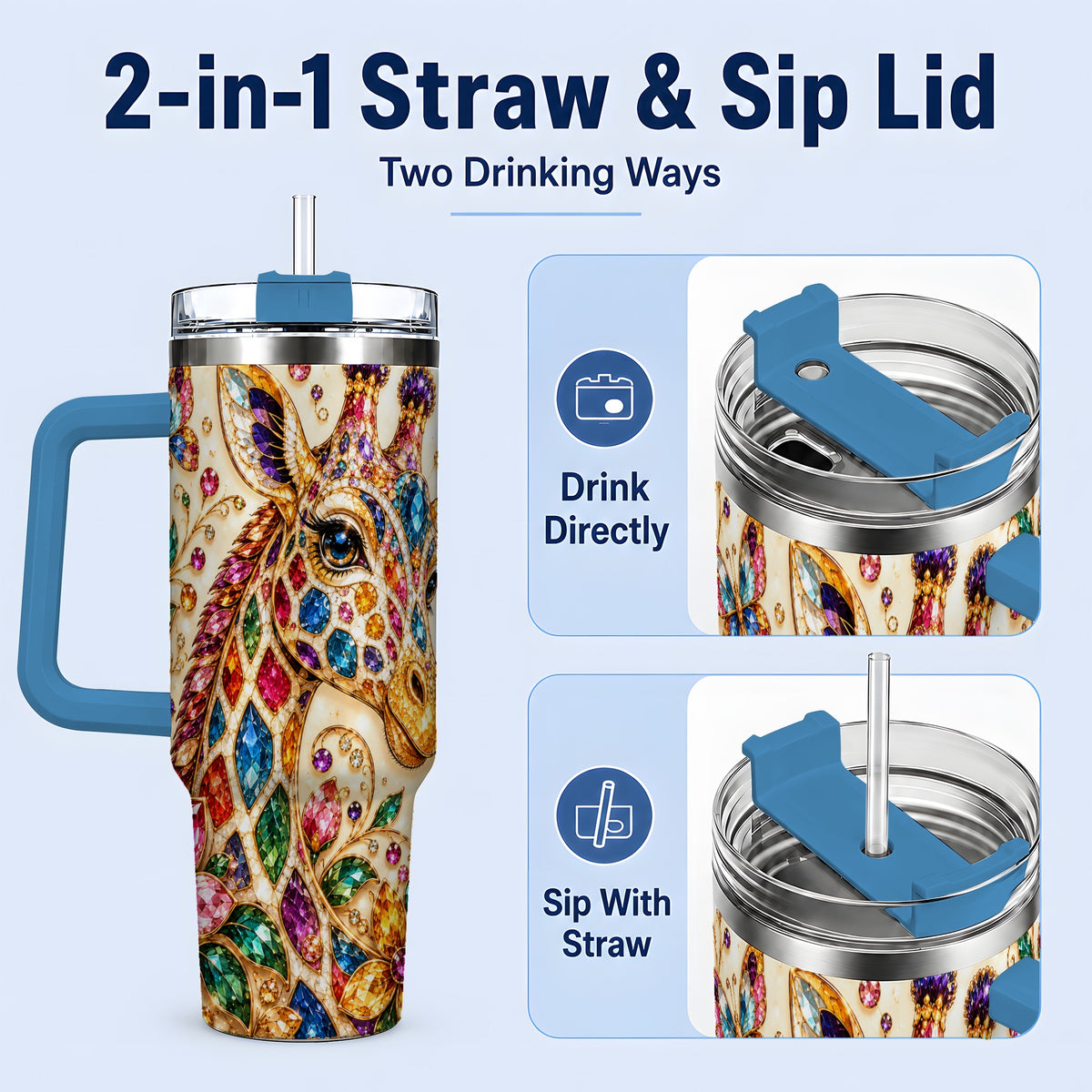 #pl[40oz|Blue] Gem Style Giraffe Floral 40oz Tumbler, Colorful Botanical Art