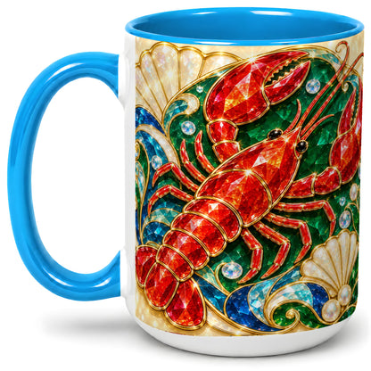 #pl[15oz|Blue] Gemstone Lobster Accent Mug, Ceramic Drinkware for Seafood Fans