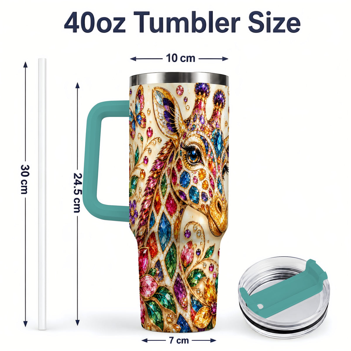 #pl[40oz|Green] Gem Style Giraffe Floral 40oz Tumbler, Colorful Botanical Art