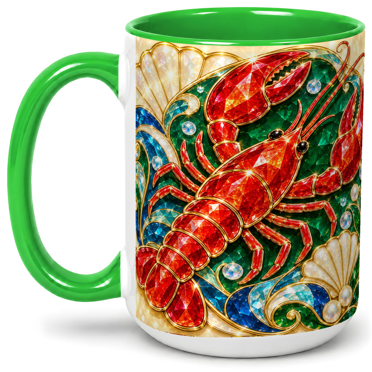 #pl[15oz|Green] Gemstone Lobster Accent Mug, Ceramic Drinkware for Seafood Fans